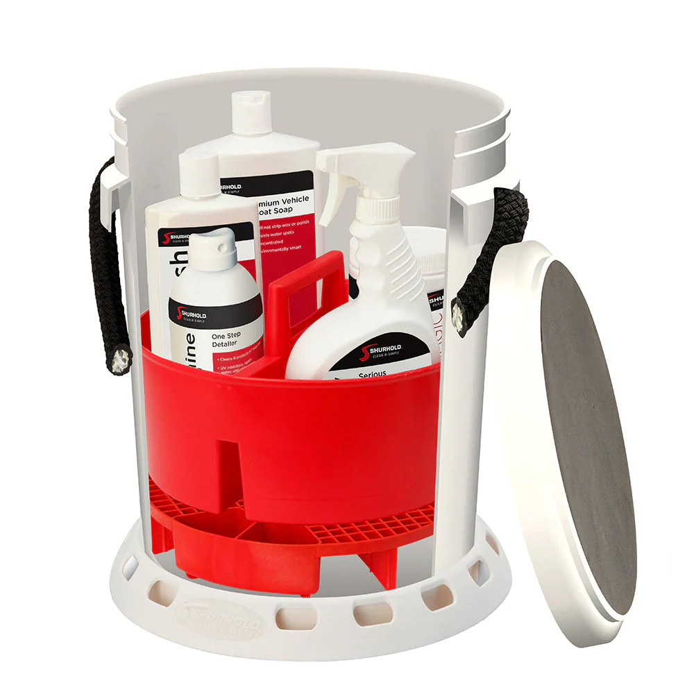 Shurhold 5 Gallon White Bucket Kit - Includes Bucket, Caddy, Grate Seat, Buff Magic, Pro Polish Brite Wash, SMC  Serious Shine [2465] - Image 2