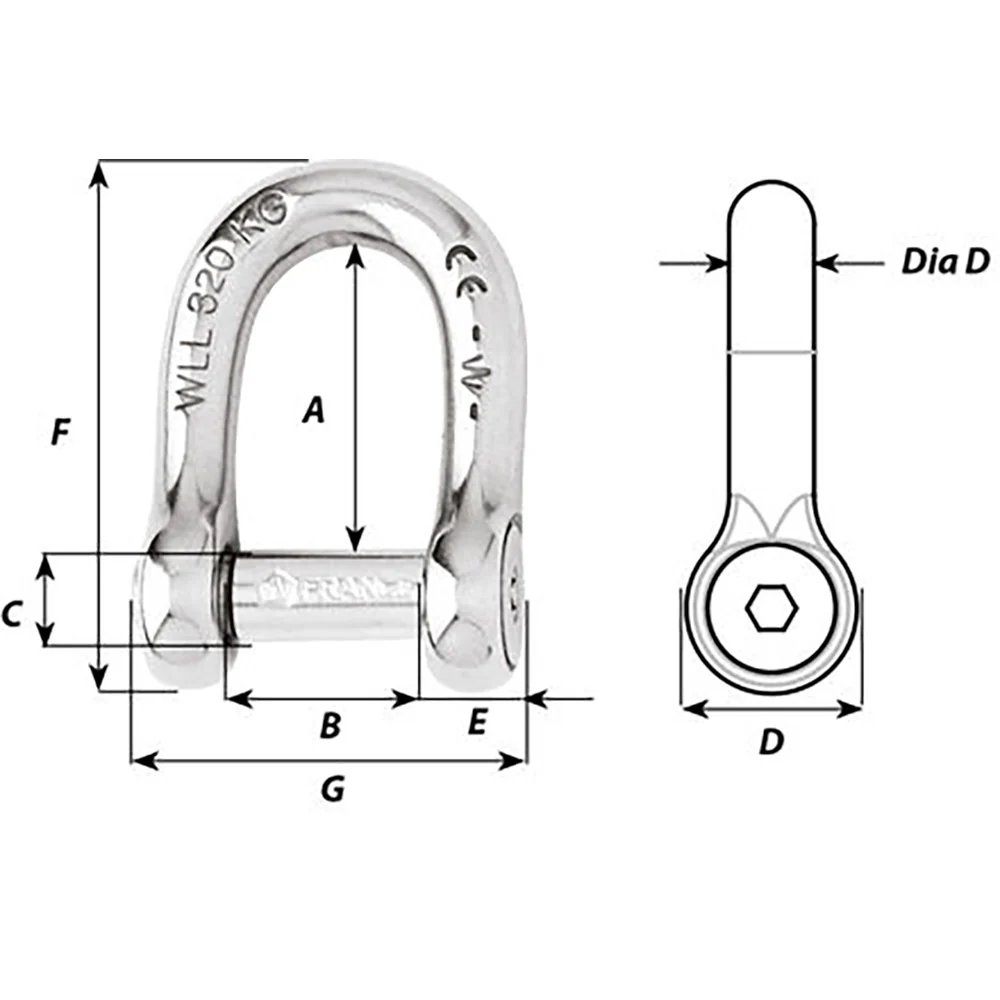 Wichard Self-Locking Allen Head Pin D Shackle - 6mm Diameter - 1/4" [1303W] - Image 2